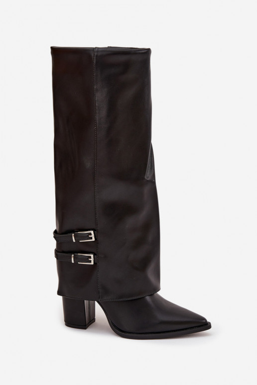 botas altas femininas com saltos e fivelas Jessae em preto