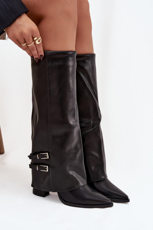 botas altas femininas com saltos e fivelas Jessae em preto