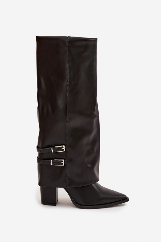 botas altas femininas com saltos e fivelas Jessae em preto
