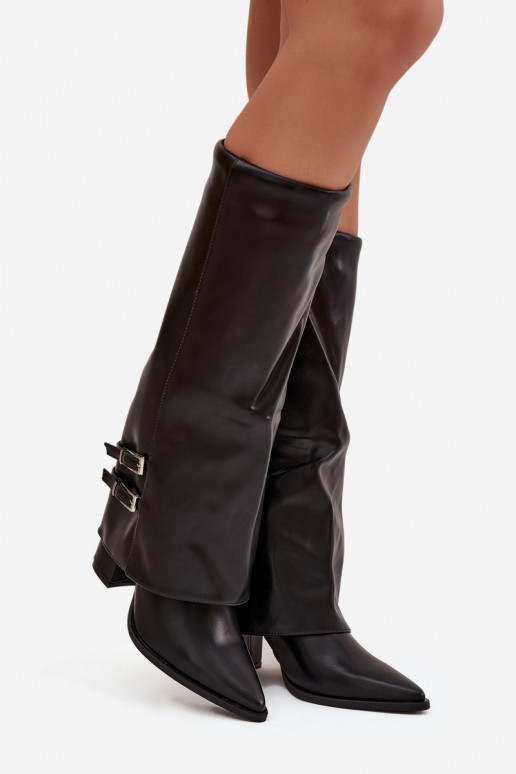 botas altas femininas com saltos e fivelas Jessae em preto