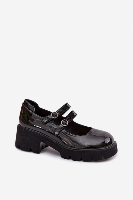 Sapatos femininos pretos com efeito brilhante, saltos e tiras Kamira
