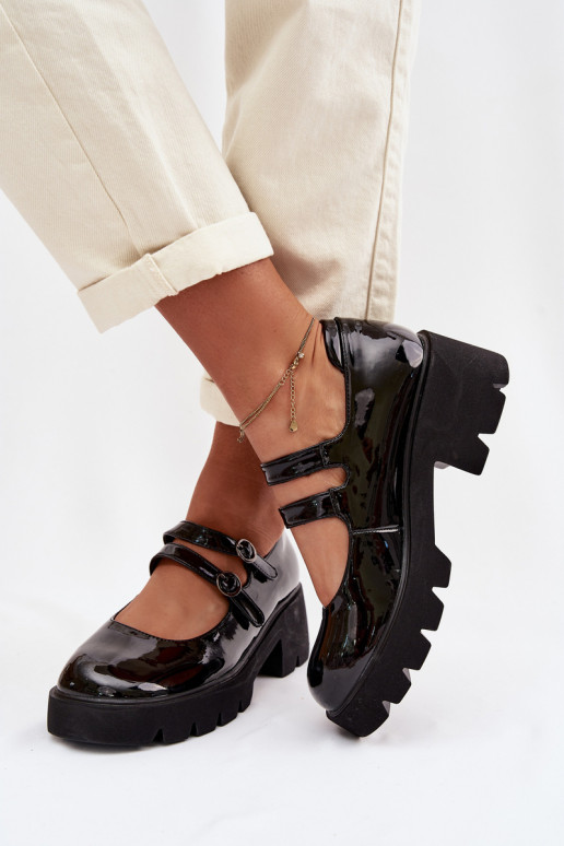 Sapatos femininos pretos com efeito brilhante, saltos e tiras Kamira