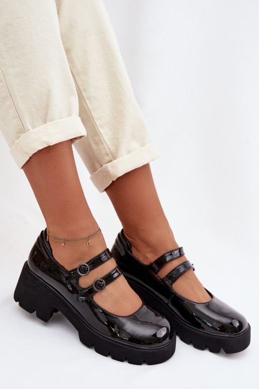 Sapatos femininos pretos com efeito brilhante, saltos e tiras Kamira
