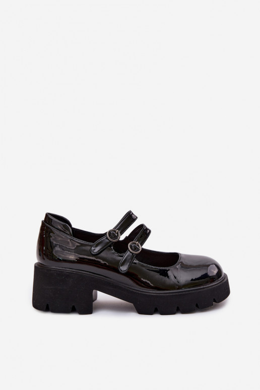 Sapatos femininos pretos com efeito brilhante, saltos e tiras Kamira