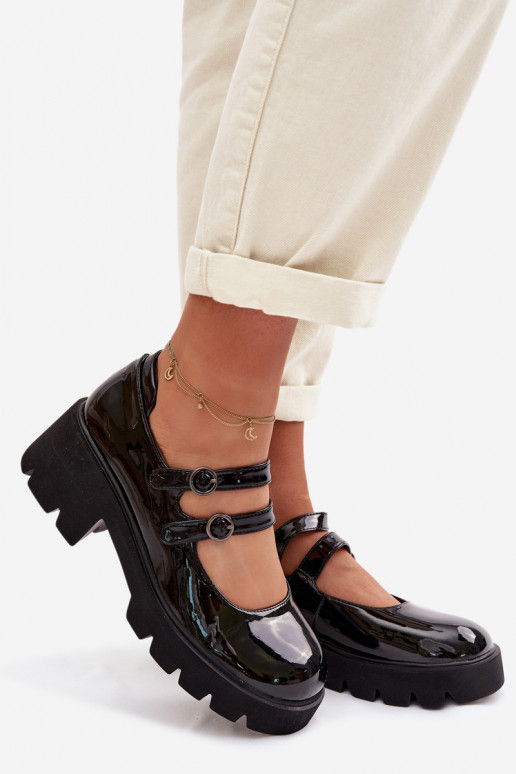 Sapatos femininos pretos com efeito brilhante, saltos e tiras Kamira