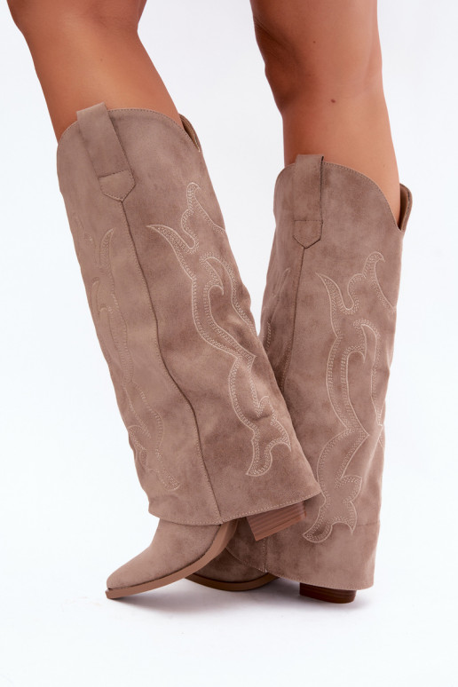 Botas longas de estilo cowboy com salto e cano costurado na cor caqui Irella