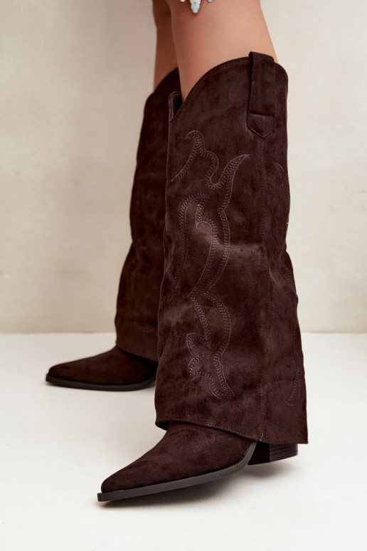 Botas longas de estilo cowboy com salto e cano costurado na cor chocolate Irella