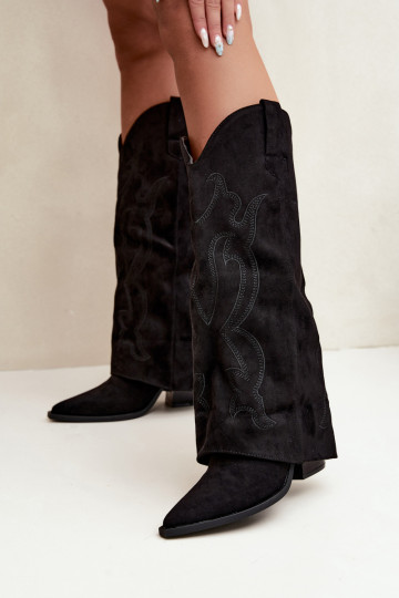 Botas longas de estilo cowboy com salto e cano costurado na cor preta Irella