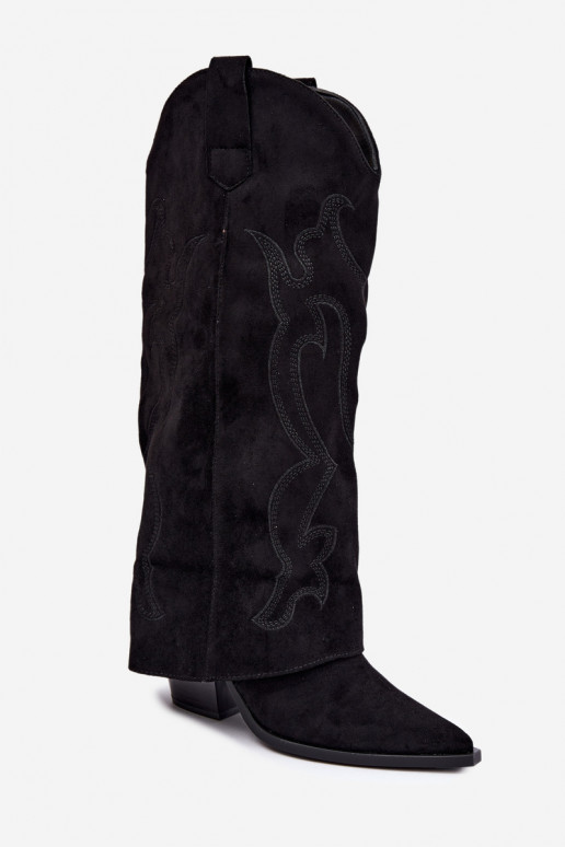 Botas longas de estilo cowboy com salto e cano costurado na cor preta Irella