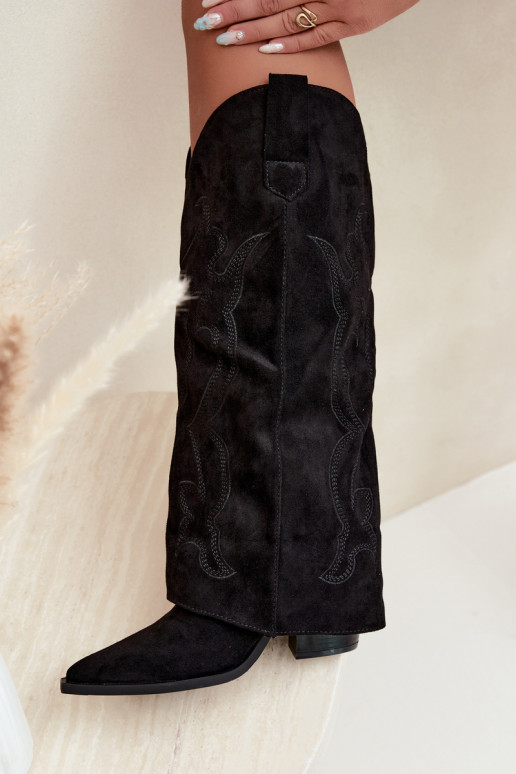 Botas longas de estilo cowboy com salto e cano costurado na cor preta Irella