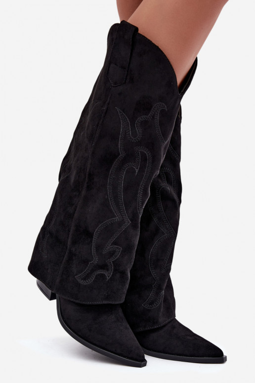 Botas longas de estilo cowboy com salto e cano costurado na cor preta Irella