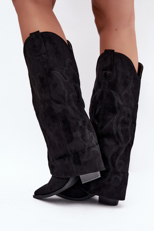 Botas longas de estilo cowboy com salto e cano costurado na cor preta Irella