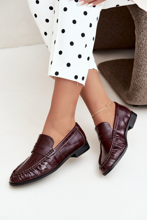 mocassins femininos com babados e estampados em bordô Dalmy