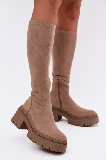 botas femininas de cano alto com plataforma na cor areia Florinne