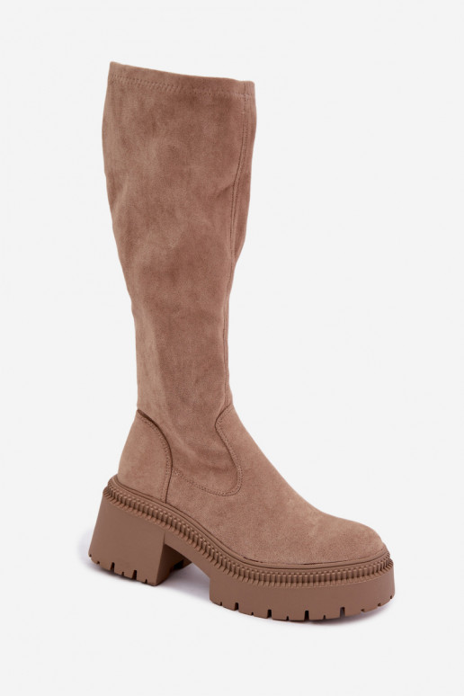 botas femininas de cano alto com plataforma na cor areia Florinne