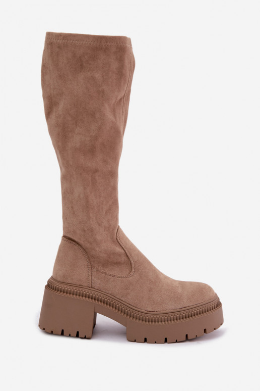 botas femininas de cano alto com plataforma na cor areia Florinne