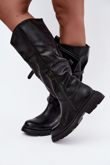 botas femininas de cano alto com salto largo e laços na cor preta Amely