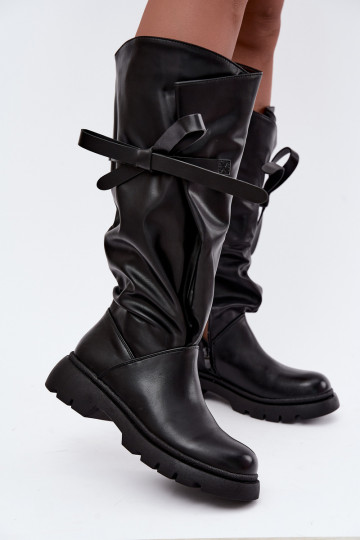 botas femininas de cano alto com salto largo e laços na cor preta Amely 2