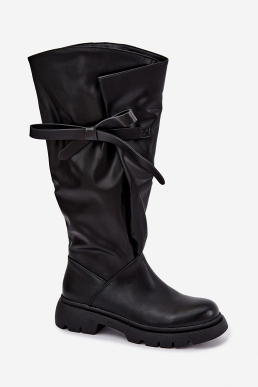 botas femininas de cano alto com salto largo e laços na cor preta Amely