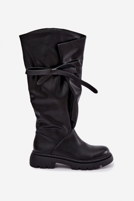 botas femininas de cano alto com salto largo e laços na cor preta Amely