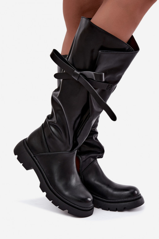 botas femininas de cano alto com salto largo e laços na cor preta Amely