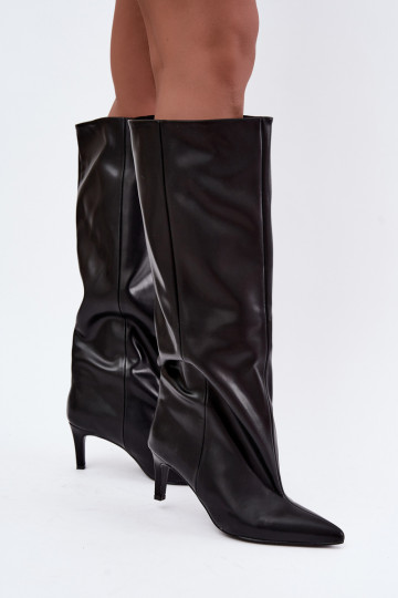 botas femininas de cano alto slip-on com salto em couro sintético na cor preta Favra 2