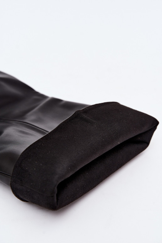 botas femininas de cano alto slip-on com salto em couro sintético na cor preta Favra