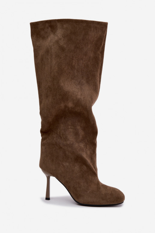 botas femininas de cano alto slip-on com salto fino na cor caqui Caliya