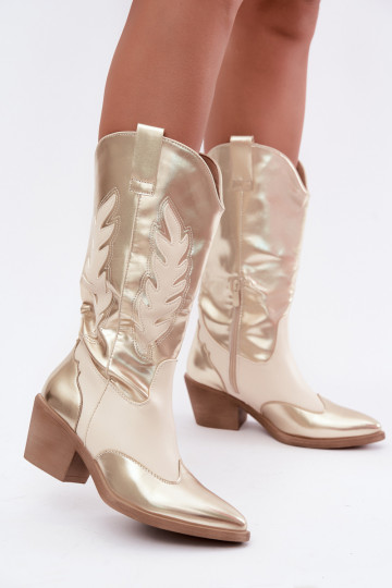 botas altas de estilo cowboy com salto na cor dourada