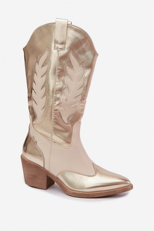 botas altas de estilo cowboy com salto na cor dourada