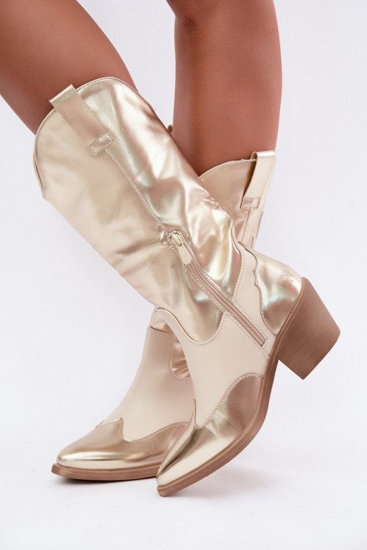 botas altas de estilo cowboy com salto na cor dourada