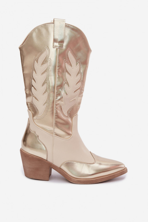 botas altas de estilo cowboy com salto na cor dourada