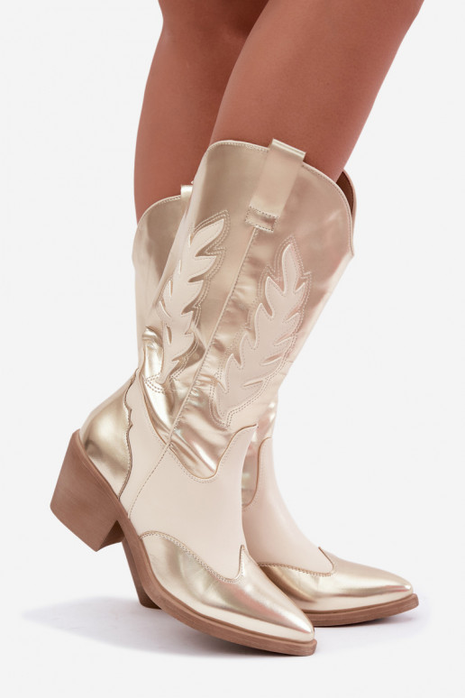 botas altas de estilo cowboy com salto na cor dourada