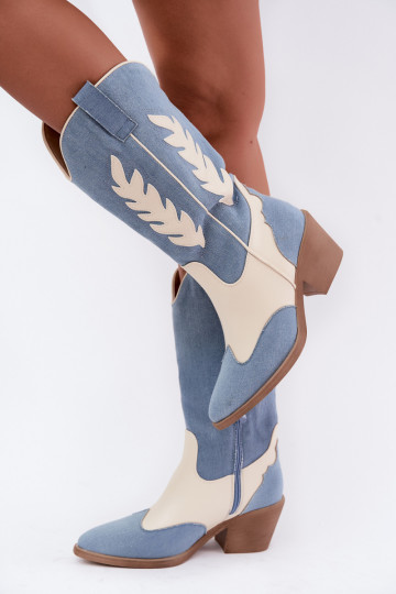 botas altas de estilo cowboy com salto em denim na cor castanha