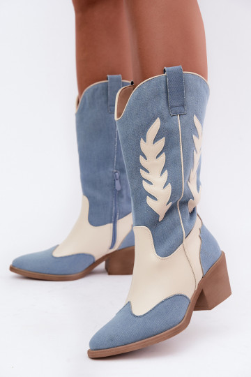 botas altas de estilo cowboy com salto em denim na cor castanha 2
