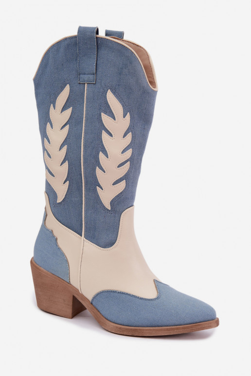 botas altas de estilo cowboy com salto em denim na cor castanha