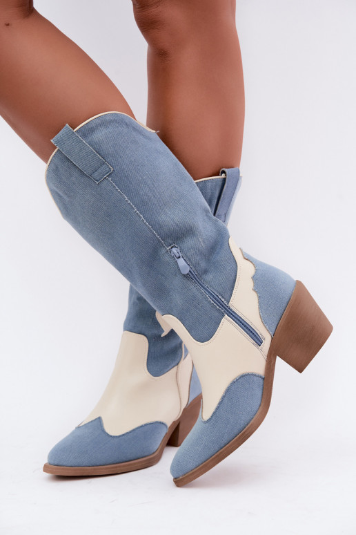 botas altas de estilo cowboy com salto em denim na cor castanha