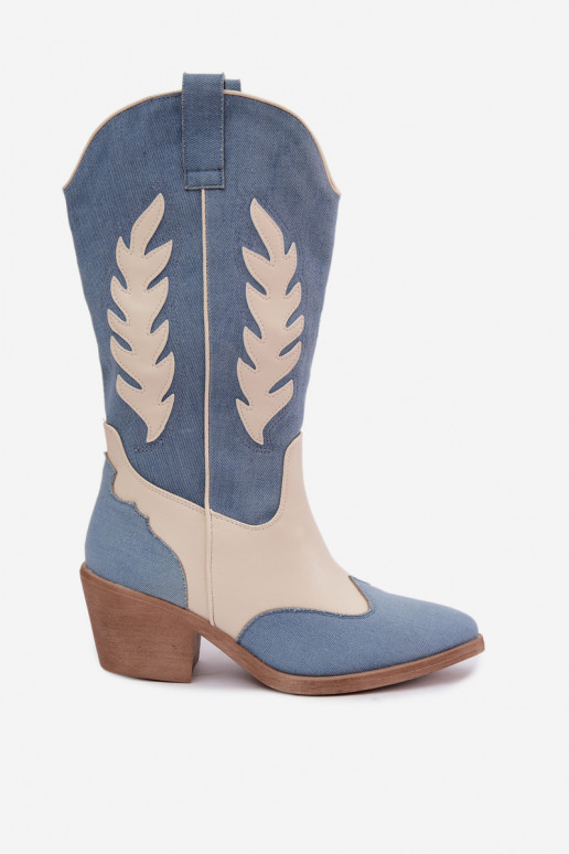 botas altas de estilo cowboy com salto em denim na cor castanha