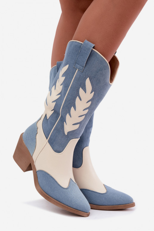 botas altas de estilo cowboy com salto em denim na cor castanha