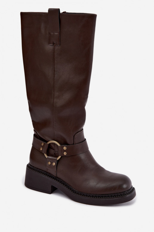 Botas femininas de cano alto com detalhes decorativos na cor chocolate Rileta
