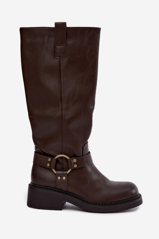 Botas femininas de cano alto com detalhes decorativos na cor chocolate Rileta