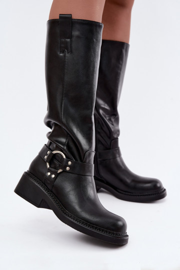 Botas femininas de cano alto com detalhes decorativos na cor preta Rileta