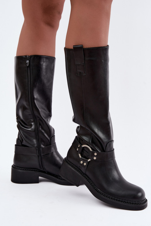 Botas femininas de cano alto com detalhes decorativos na cor preta Rileta