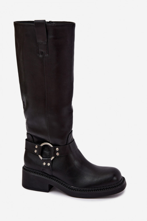 Botas femininas de cano alto com detalhes decorativos na cor preta Rileta