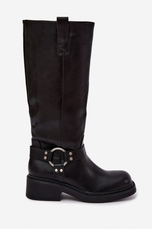 Botas femininas de cano alto com detalhes decorativos na cor preta Rileta