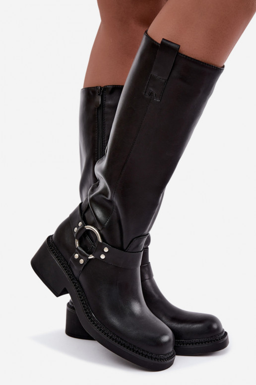 Botas femininas de cano alto com detalhes decorativos na cor preta Rileta