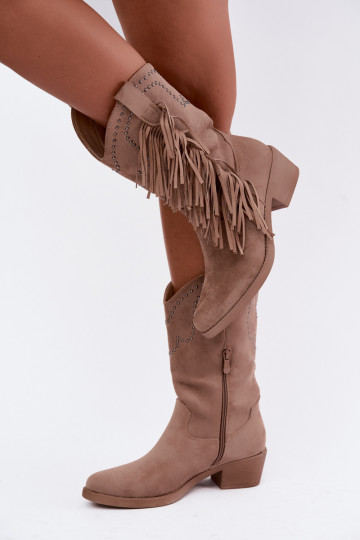 Botins femininos de estilo cowboy com franjas e enfeites na cor areia Perlia