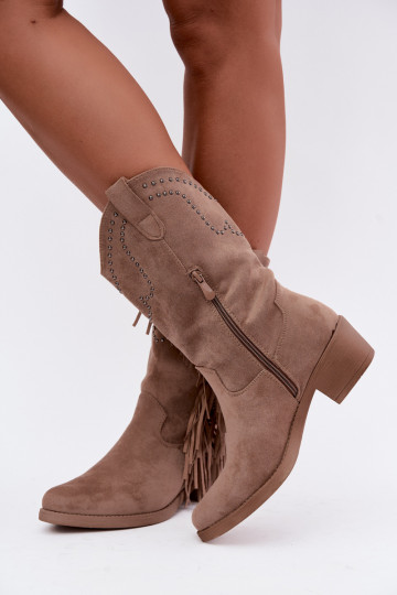 Botins femininos de estilo cowboy com franjas e enfeites na cor areia Perlia 2