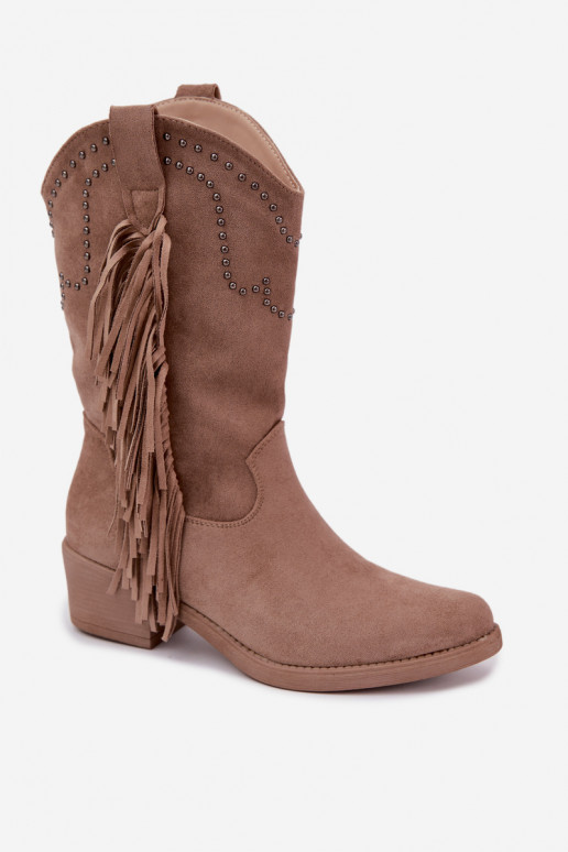 Botins femininos de estilo cowboy com franjas e enfeites na cor areia Perlia