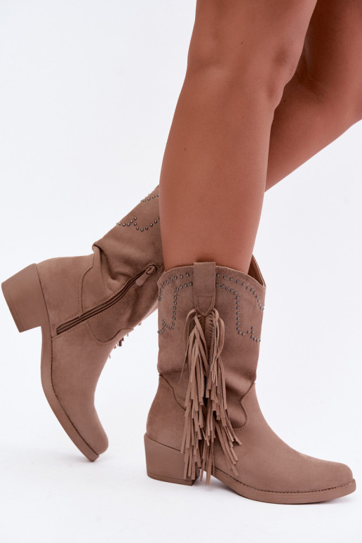 Botins femininos de estilo cowboy com franjas e enfeites na cor areia Perlia